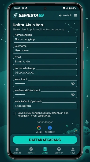 Tampilan halaman daftar semesta69